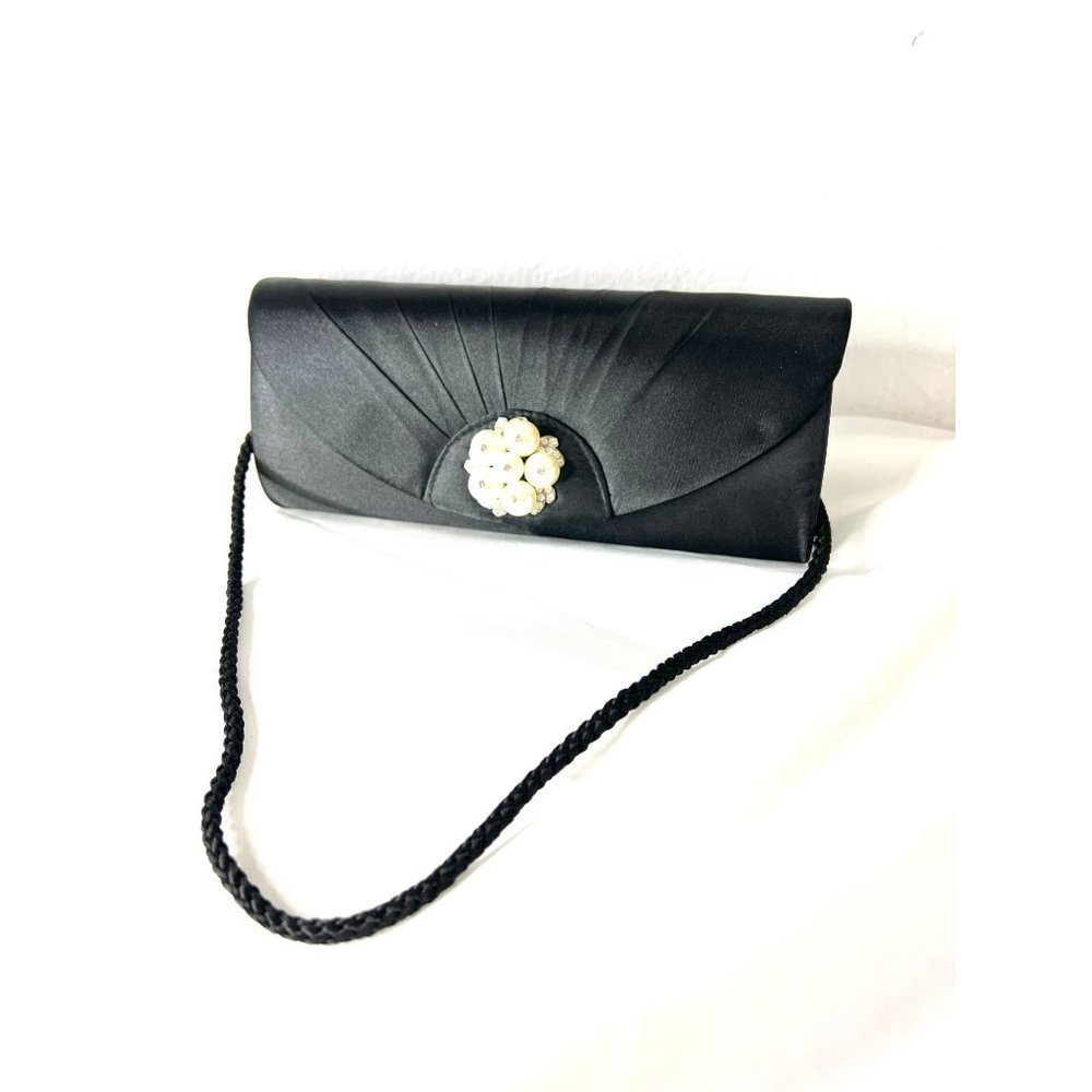 Jessica McClintock Evening Bag Clutch Black Satin Pearl Closure Gunne Sax